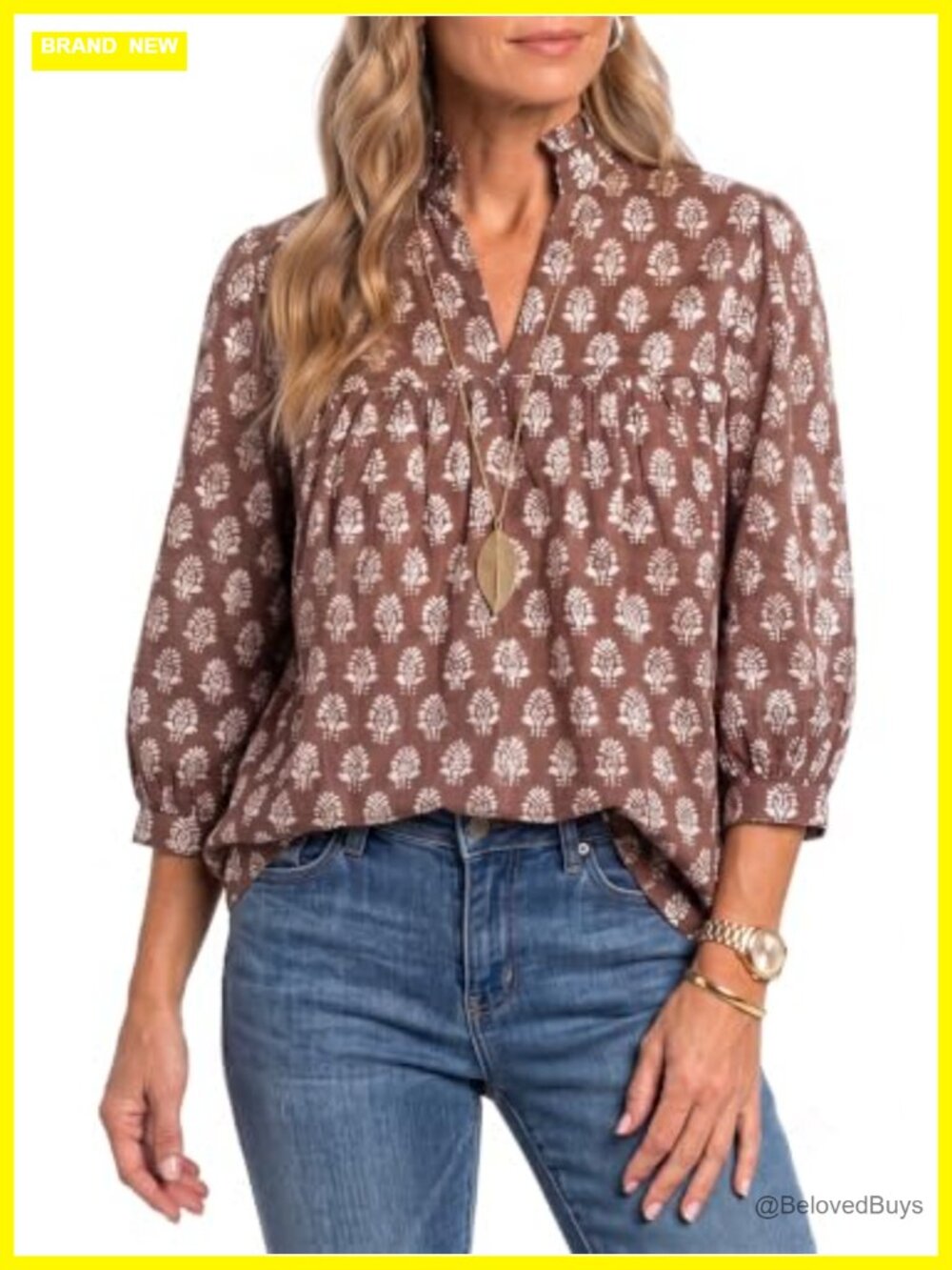 100% Cotton Boho Floral Blouse Ruffle V-Neck 3/4 Puff Sleeve Women's Top